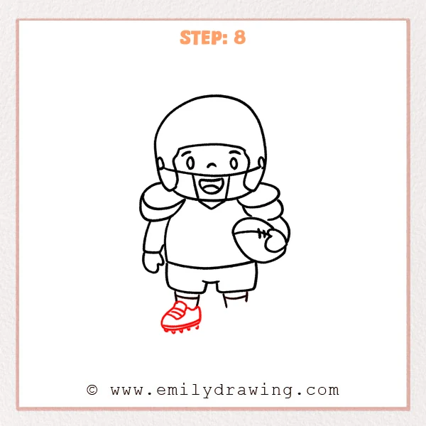 how to draw a football player - A cute football player holding a football, now with a detailed left cleat including laces and small studs under the sole.